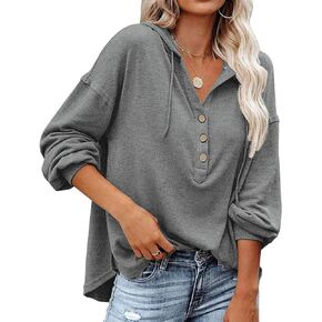 Chaos World Women's Hoodie Loose Fit Lightweight V-neck Sweatshirts Long Sleeve Henley Shirts