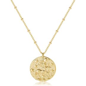 S.J JEWELRY 12 Constellations Zodiac Necklace Women's girls Simple Delicate 14K Gold Filled Coin Pendant Personalized Birthday Gifts Handmade Disc Chokers Necklace