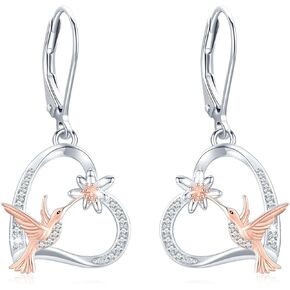 Hummingbird Earrings 925 Sterling Silver Heart Flower Hummingbird Earrings Leverback Earrings Flower Bird Dangle Drop Earrings Animal Earrings Hummingbird Jewelry for Women Birthday Hummingbirds Gifts