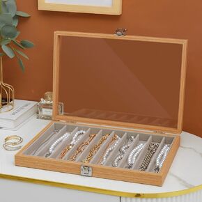 Glass Lid Necklace Organizer Box Transparent Necklace Holder Organizer Velvet Necklace Display Box Clear Lid Jewelry Storage Stackable Necklace Display Case for Women Girls (Grey)
