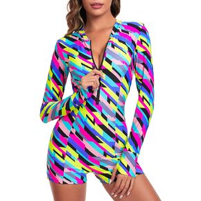 Ocean Blues Women's Long Sleeve One Piece Swimsuit Athletic Boyleg One Piece Swimsuit UV Sun Protection Rash Guard