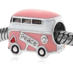 Pink Peace Bus Charms, 925 Sterling Silver with Enamel, Mini Beads fits Pandora Women Bracelets, Gifts for Travel/Mothers Day/Christmas