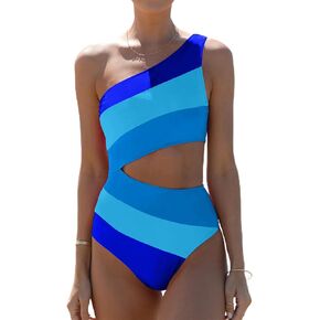 Hilinker Cut Out One Piece Bathing Suit for Women Color Block One Shoulder Swimsuit