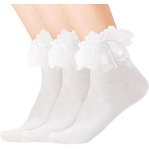 ANEETAFAN 3 Pairs Women's Cotton Lace Socks White Ruffle Frilly side bow Ankle Socks - Comfortable Cute Socks Princess Lolita for Ladies Gril