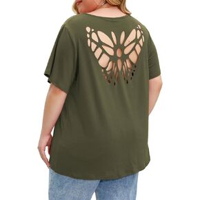 Women Tops Plus Size Crewneck Top Back Butterfly Cut Out Shirt Casual Summer Tunic Blouse