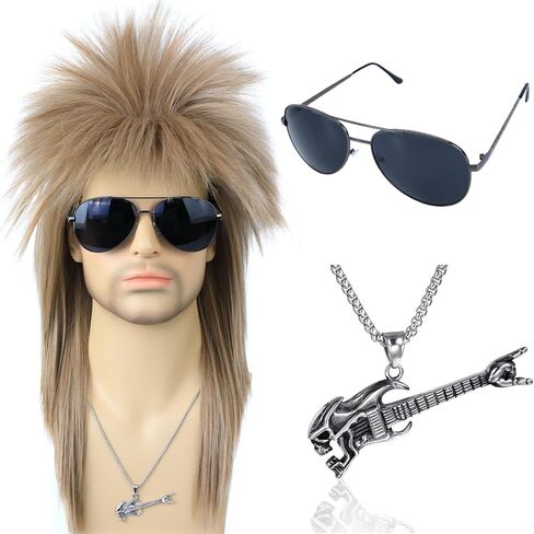 morvally للجنسين 70s 80s شعر مستعار البوري طويل أشقر جلام الشرير الصخرة الثقيلة المعادن الروك تأثيري الباروكات للنساء والرجال هالوين تحت عنوان حفلة تنكرية in Kuwait