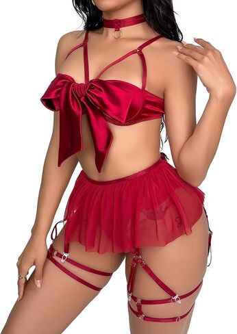 Women's 4 Pcs Mesh Garter Lingerie Set with Removable Choker Babydoll Bow Strappy Bra and Panty Set in Saudi Arabia