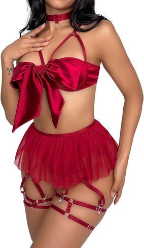 Women's 4 Pcs Mesh Garter Lingerie Set with Removable Choker Babydoll Bow Strappy Bra and Panty Set in Saudi Arabia