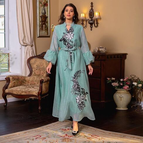 عبايات للنساء فستان إسلامي بأكمام طويلة مزين بالترتر/التطريز، فساتين طويلة ماكسي، رداء قفطان in Saudi Arabia