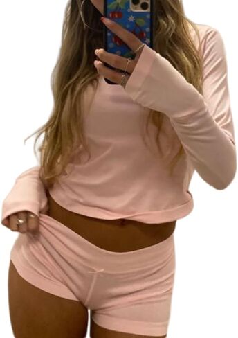 Linjianvhai النساء Y2K 2 قطعة بيجامة مجموعات PJs Sweatsuits مضلع كم طويل زر أسفل المحاصيل الأعلى والسراويل صالة ملابس خاصة in Kuwait