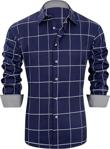 قميص J.VER رجالي كاجوال منقوش بأكمام طويلة قابل للتمدد وخالي من التجاعيد ومقاس عادي وأزرار سفلية in Kuwait