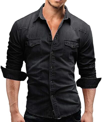 chouyatou Men's Western Long Sleeve Button Down Comfort Distressed Denim Shirts in Saudi Arabia