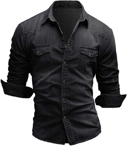 chouyatou Men's Western Long Sleeve Button Down Comfort Distressed Denim Shirts in Saudi Arabia