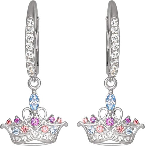 Disney Princess Sterling Silver Cubic Zirconia Jeweled Tiara Leverback Earrings, Official License in Saudi Arabia