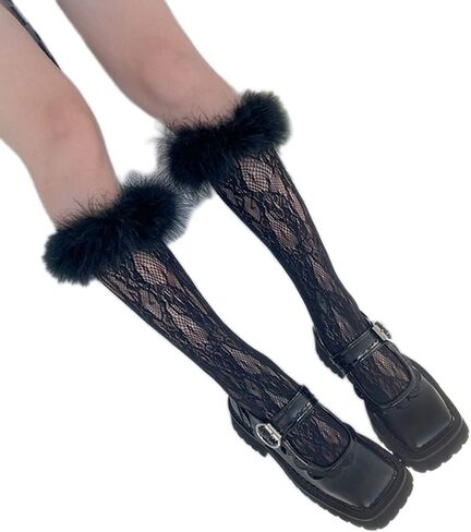 kaixinbukaixin Women Lolita Lace Knee High Socks Faux Fur Feather Trim Kawaii Fishnet Stockings,Black in Saudi Arabia