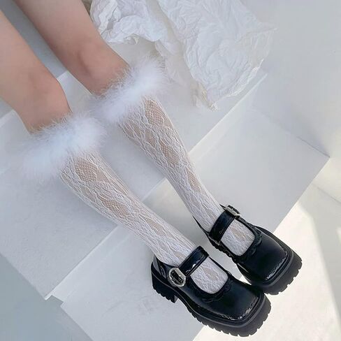 kaixinbukaixin Women Lolita Lace Knee High Socks Faux Fur Feather Trim Kawaii Fishnet Stockings,Black in Saudi Arabia