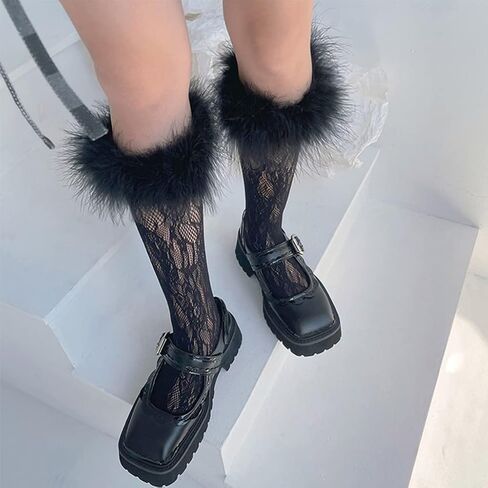 kaixinbukaixin Women Lolita Lace Knee High Socks Faux Fur Feather Trim Kawaii Fishnet Stockings,Black in Saudi Arabia