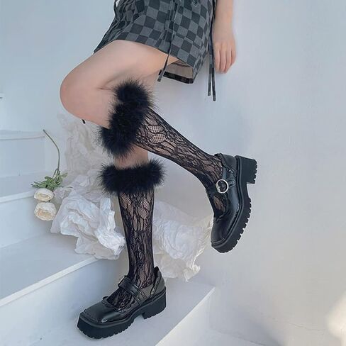 kaixinbukaixin Women Lolita Lace Knee High Socks Faux Fur Feather Trim Kawaii Fishnet Stockings,Black in Saudi Arabia