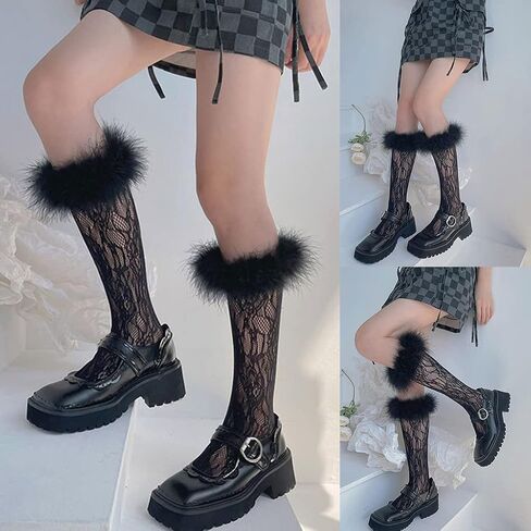 kaixinbukaixin Women Lolita Lace Knee High Socks Faux Fur Feather Trim Kawaii Fishnet Stockings,Black in Saudi Arabia
