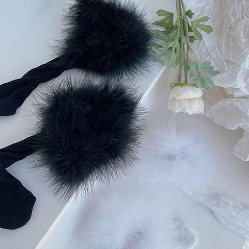 kaixinbukaixin Women Lolita Lace Knee High Socks Faux Fur Feather Trim Kawaii Fishnet Stockings,Black in Saudi Arabia