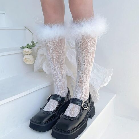 kaixinbukaixin Women Lolita Lace Knee High Socks Faux Fur Feather Trim Kawaii Fishnet Stockings,Black in Saudi Arabia