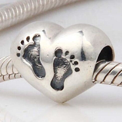 سحر بصمة القدم مع قلب من الفضة الإسترليني عيار 925، خرزة حب عائلية، خرزة الطفل الخطوات الأولى للسوار (C) in Kuwait
