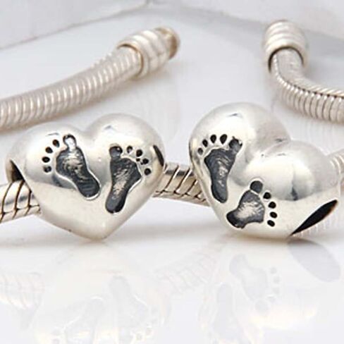 سحر بصمة القدم مع قلب من الفضة الإسترليني عيار 925، خرزة حب عائلية، خرزة الطفل الخطوات الأولى للسوار (C) in Kuwait