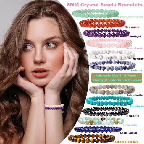 SONNYX 12 قطعة أساور للنساء والرجال شفاء أساور 𝐂𝐫𝐲𝐬𝐭𝐚𝐥 أساور أحجار كريمة شبه ثمينة مطرزة بخرز دائري سوار اليوغا أساور المجوهرات الهدايا in Kuwait