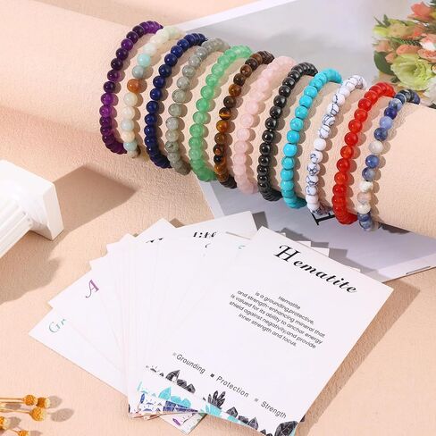 SONNYX 12 قطعة أساور للنساء والرجال شفاء أساور 𝐂𝐫𝐲𝐬𝐭𝐚𝐥 أساور أحجار كريمة شبه ثمينة مطرزة بخرز دائري سوار اليوغا أساور المجوهرات الهدايا in Kuwait