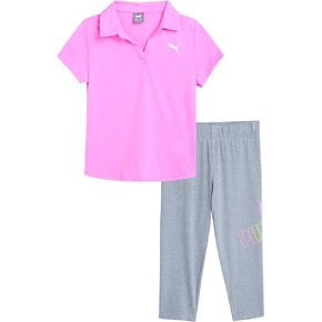 PUMA Girls' Leggings Set - 2 Piece Short Sleeve T-Shirt and Performance Capri Yoga Pants - Matching Outfit for Girls (S-L)