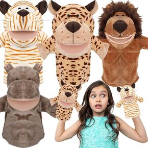 4 Pcs Hand Puppet Animal Hand Puppet Set with Working Mouth 9.8 Inch Animal Puppet Animal Soft Plush Toy for Storytelling Theater Preschool Birthday Gifts (Cow, Frog, Duck, Sheep)