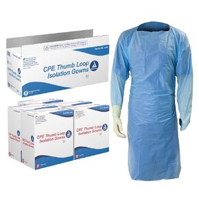 Dynarex 2140 CPE Thumb Loop Isolation Gown with Poly-Coated Barrie, Blue, Universal, Pack of 75