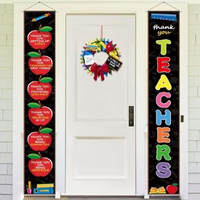 Arosche Teacher Appreciation Week Decorations Banner 2 Pack Door Sign Hanging Banners Thank You Teachers Apples Welcome Porch Sign Seasonal Holiday Party Supplies for Classroom, School, Office Decor