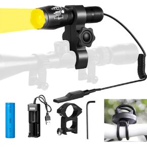 Rechargeable Yellow Warm Light Tactical Flashlight，500 Yard Warm Yellow Hunting Light Zoomable Flashlight Hog Predator Lights with Pressure Switch Universal Picatinny Rail Mount kit.