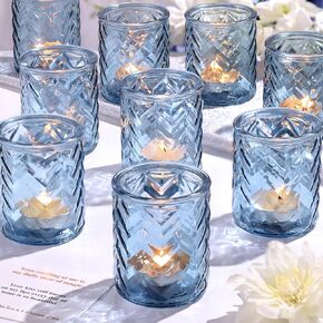 LAMORGIFT 12 PCS Blue Votive Candle Holders - Blue Tealight Candle Holders for Wedding Party Decorations - Votive Candle Holders Bulk for Wedding Reception, Bridal Shower, Baby Shower Party Decor