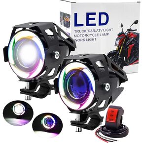 2X Motorcycle SpotLight with Switch, 12V/24V Bicycle Halo Ring Fog Lamp Auxiliary Light LED Daytime Running Lights for Motorbike ATV Scooter Trucks Blue