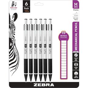قلم رصاص ميكانيكي من الفولاذ المقاوم للصدأ Zebra M-301 مقاس 0.5 مم، 6 عبوات مع 15 ممحاة إضافية - سلسلة HB قياسية - قبضة سوداء احترافية