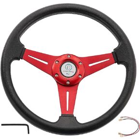 DODOMES Universal Deep Dish Steering Wheel 13.8"/350mm 6 Bolts, Racing/Golf Cart Drifting Steering Wheel, Grip Vinyl Leather & Aluminum with Horn Button (Black)
