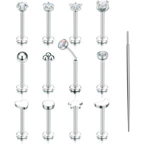 TOPBRIGHT 12Pcs 16G 18G Flat Back Earrings 316L Surgical Steel Threadless Tragus Cartilage Nose Stud Push Pin Lip Stud Rings Medusa Piercing Jewelry Hypoallergenic for Women Men