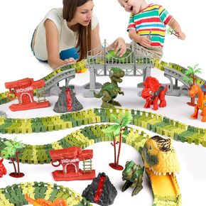 Dinosaur Train Track Toys, 236 PCS with LED Light Create A Dinosaur World Road Race Car for Kids 3 4 5 6 Year & Up Old, STEM Educational Playset Birthday