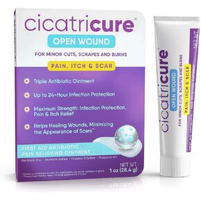 Cicatricure Open Wound Care, First Aid Antibiotic Ointment Pain Relief, Effective Relief for Minor Cuts, Scrapes, Burns, Itch, and Scars, Triple Antibiotic Ointment with Bacitracin, 1 oz, Pack of 1