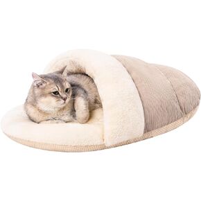 Jiupety Cat Bed Cave for Indoor Cats, Cute Slipper Cat Cave Bed, Washable Small Dog Cave Bed, Soft Plush Cat House Bed for Puppy and Kitten, Anti Slip Warm Pet House Nest, M 15lbs, Champagne.