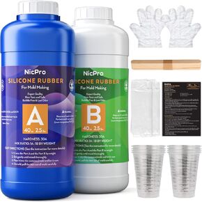 Nicpro 80 oz Silicone Mold Making Kit 30A, Platinum Liquid Silicone Rubber for Mold Maker, Blue Flexible & Strong & Food Safe Mix Ratio 1:1 for Casting 3D Resins Molds DIY with Gloves, Sticks & Cups