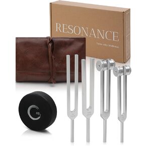Resonance Tuning Forks for Healing Set - Weighted & Unweighted Tuning Fork Set Including 128Hz, 136Hz, 256Hz, 384Hz & Hockey Puck Activator - Chakra Sound Therapy Instruments in a Vegan Leather Pouch