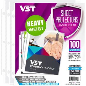 واقيات الأوراق شديدة التحمل من VST مقاس 8.5 × 11 بوصة لـ 3 مجلدات حلقية، وواقي صفحات شفاف كريستالي 3 مل، وأكمام بلاستيكية للمجلدات، وواقي ورق تحميل علوي، حجم الحروف، 100 ورقة