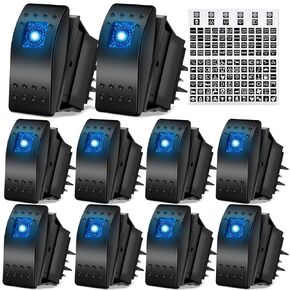 10 Pcs 12V 24V Toggle Switch SPST Dashboard 4 Pin Rocker Switch Blue Lighted LED Boat Switch Marine Switches Waterproof with Night Glow Sticker for Auto Truck Motorcycle Boat UTV Car