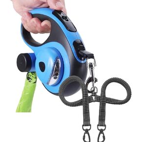 Dual Retractable Dog Leash for 2 Large Dogs (Up to 110 Lbs Each) - Double Headed 16 ft Extendable Pet Leash with Poop Bags and LED Light, One Button Break & Lock, 360 Tangle-Free (White, Large)