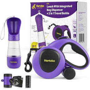 Hertzko Heavy Duty Retractable Dog Leash with Built-in Poop Bag Holder + Water Dispenser/Bottle - Purple & Black, 16 Ft, Small, Medium & Large Dogs Up to 110lbs, Heavy Duty Purple Leash w/Thick Rope