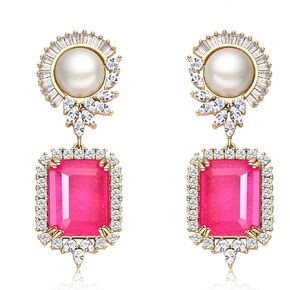 S925 Sterling Silver Emerald Green Pink Crystal Dangle Drop Earrings for Women Girls Vintage Pearl Cubic Zirconia Wedding Bridal Emerald Cut Earrings