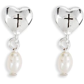 First Holy Communion Heart Cross Pearl Drop Girl's One Size Silver-Plated Earrings